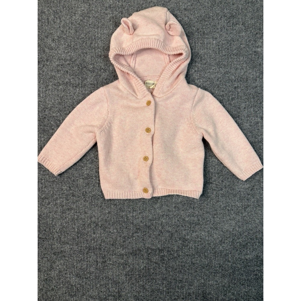 Rabbit + Bear Oranigc Pink Knit Baby Hoodie Sweater 3-6M w/Ears by Emily &Oliver